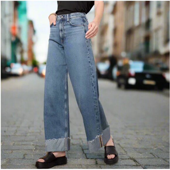 rag & bone Denim - Rag Bone Sofie Crop Wide Leg Jeans Fold Over Hem Fray Womens 26 Blue High Rise